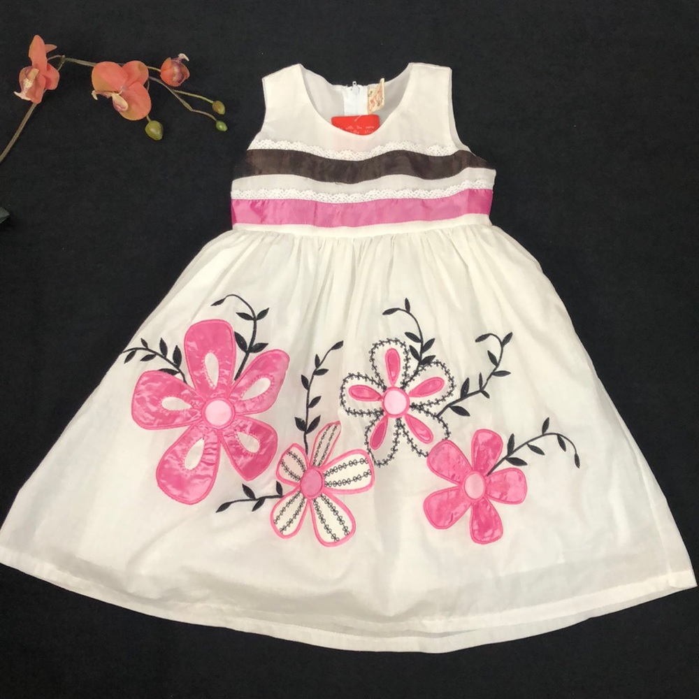 Embroidery Floral Girls White and Pink Dress